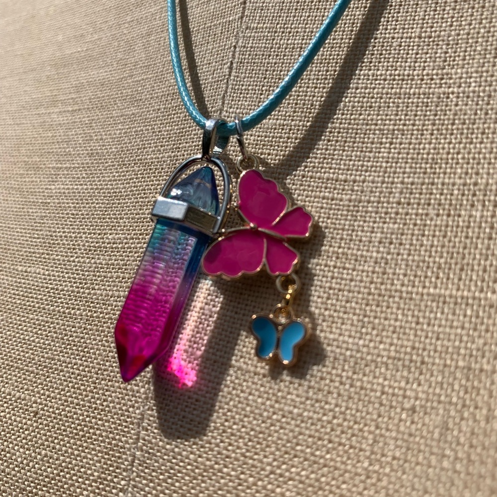 Handmade Cotton Candy Resin Crystal Amulet Necklace & Enamel Butterfly Charms - Picture 4 of 11